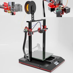 Detailed Blender 3D model of a 3D printer with animate-ready axes, filament roll, cables, and cooling fans.