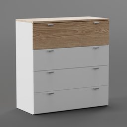 "Close up of 'Belle B' - a white and wood chest of drawers inspired by Scandinavian design, perfect for interior designers using Blender 3D. This 3D model features a nonbinary model, Swedish craftsmanship, and a 360-degree rendering panorama. Get the Jysk-inspired furniture you need with this stunning Elm tree piece."
