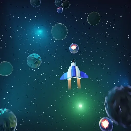 Lowpoly starship in a colorful 3D-rendered space scene with planets for creative design use.