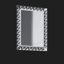 "Mirror with intricate triangular pattern for interior decoration in Blender 3D model. Geometric design with silver accessories and black textured frame perfect for modern interiors. Reference images available for front, tilted 35° frame and featured face details."