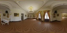Elegant ballroom interior HDR panorama with detailed parquet flooring and classic chandelier for scene lighting.