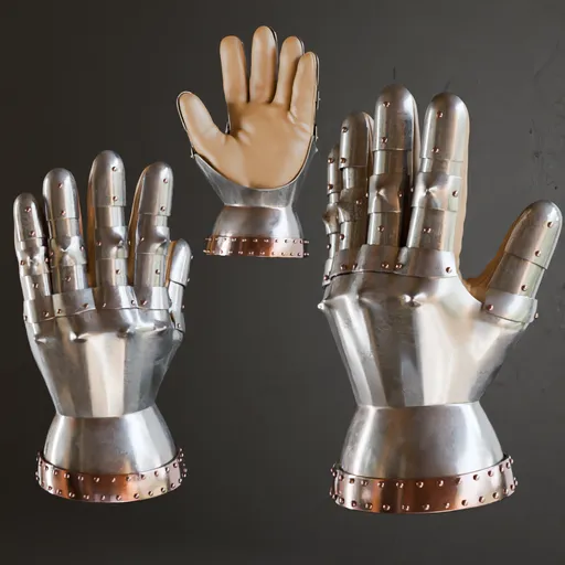 Detailed low poly 3D Blender model of historic metal hand armor with realistic anatomical design and high-quality textures, ready for download.