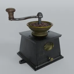 "Antique cast iron coffee grinder with coffee beans in a bowl on top, rendered with highly detailed textures in Blender 3D. Inspired by 19th century design and the works of Alexander Litovchenko. Perfect for use in 3D art or game development."