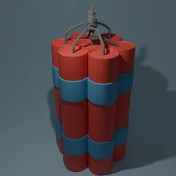"Low poly 3D model of a historic military grenade made in Blender 3D, complete with TNT and textured pouches. Perfect for game development and animation projects."