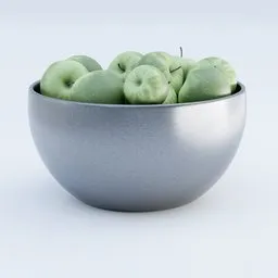 Realistic 3D-rendered metal bowl filled with fresh-looking green apples, ideal for kitchen visualization.