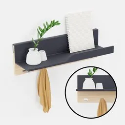 3D-rendered modern wall shelf with hanger, plant, and book for Blender modeling.