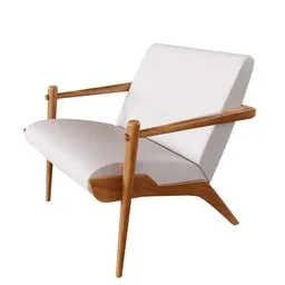 "3D model of a sleek and unique wooden armchair for Blender 3D. Ideal for embellishing living rooms, bedrooms and various spaces. Features a white chair with a wooden frame and pinned joints."