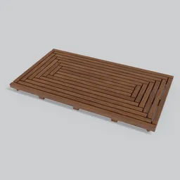 "Pyramid-style wooden bath mat in Blender 3D with a sleek and minimal design. Perfect for a garden environment or damaged floors. Ideal for bathroom use as a decorative and functional addition."