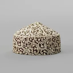 "A Golden Muslim Prayer Cap 3D model with quad topology, perfect for Blender 3D. This fantastically detailed Ottoman Sultanate inspired cap features a unique pattern and is curated for man clothing collections. Ideal for cozy, 1-3 century style aesthetics. Available in FBX format and exhibited in the British Museum."