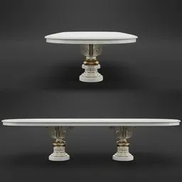 Detailed 3D model of an ornate, Baroque-style table with white surface and golden accents suitable for Blender renders.