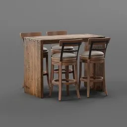 "Rustic table 2: A highly detailed 3D model of a rustic table with four stools, perfect for wineries. Designed in Blender 3D, this restaurant-bar furniture adds a touch of charm and elegance to any scene. Browse our catalog for more images and renderings of this beautifully crafted pub-style table."