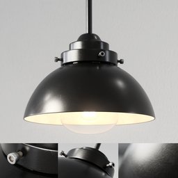 "Vintage industrial ceiling light with black shade, inspired by Johan Lundbye and created with Blender 3D. Detailed image showcasing steel collar and spherical black helmet design in a dark-toned industrial setting, lit from top right. Dieselpunk biological living aesthetic captured in this realistic 3D model."