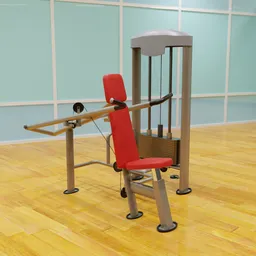 Realistic Blender 3D model of red and gray gym shoulder training equipment on a wooden floor.