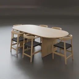 Realistic Blender 3D model showcasing a wooden table with matching chairs in a contemporary design.