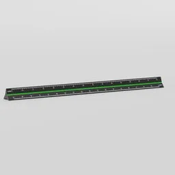 "Black scale ruler with green line for architectural and other uses, 3D model for Blender 3D. Life size and with multiple scales. Ideal as an isometric game asset and trending on Artstation."