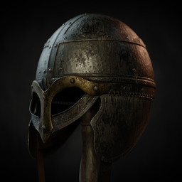 Detailed Viking-style helmet 3D render, Blender compatible, showcasing metal textures and historical design elements.
