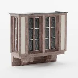 "Medieval Bay Window 3D model made for Blender 3D - includes wooden cabinet with glass doors and shelf, inspired by Art Deco pattern and ancient Roman style. Low-poly design makes it perfect as a game asset. Leaded glass adds to the medieval feel."