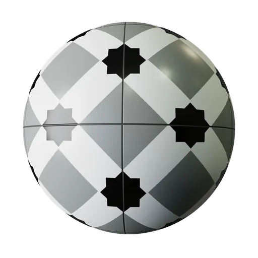 High-quality PBR black and white patterned tile texture for 3D modeling in Blender.
