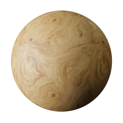 Rich-textured Swirled Oak Wood Grain PBR material for elegant 3D designs, highlighting natural knots and tonal variation.