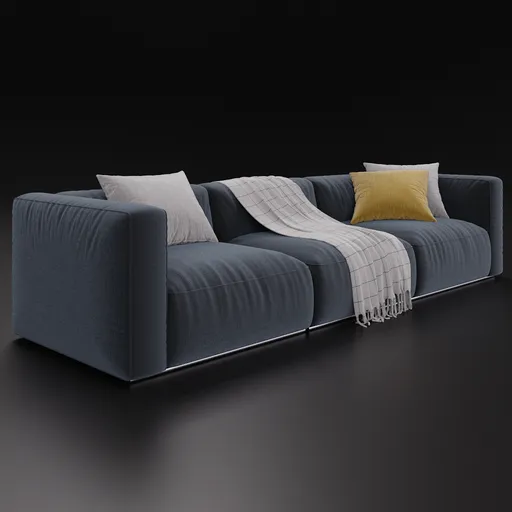 Detailed 3D model of a plush, contemporary fabric sofa with pillows, compatible with Blender.