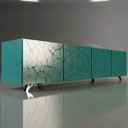 "Green lacquered sideboard with stunning voronoi pattern doors, modeled in Blender 3D. This cabinet features a smooth texture and polygonal fragments in black, cyan, gold, and aqua colors. Inspired by Antonio Rotta, this concept design by Francesco Cozza is a winner of a design award."