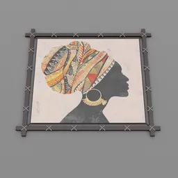 "Wooden framed African queen painting in batik style for wall decoration, inspired by Antonio Donghi - a modular item in Blender 3D."