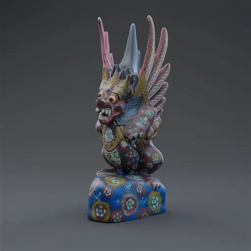 Detailed 3D model of a hand-painted, Bali-inspired dragon wood sculpture with optimized mesh and PBR textures, ready for Blender use.