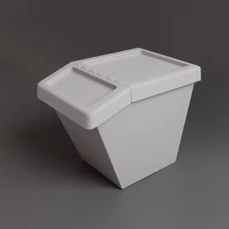Detailed 3D rendering of a white plastic recycling bin model for Blender, with a flip-top lid and textured surface.
