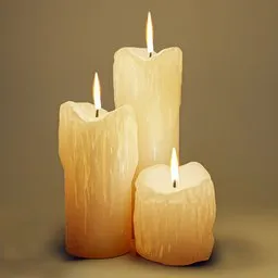 Realistic 3D model of three varying height wax candles with lit flames, perfect for Blender rendering.