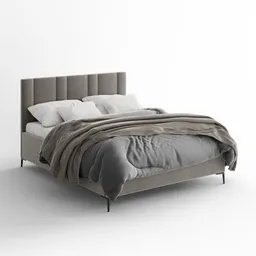 Realistic 3D model of a modern bed with soft headboard, pillows, and rumpled duvet for Blender rendering.