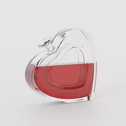 "Glass heart-shaped perfume bottle with red liquid, designed in Blender 3D. Features a unique glass stopper, inspired by Jean-François de Troy and rendered in Corona. Perfect addition to any 3D art project or in-game model."