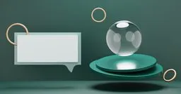 3D-rendered promo scene with podium, speech bubble, and glass sphere for product visualization in Blender.