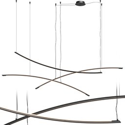 "KATANA Pendant Light by Giorgio Cattelan - a luxurious ceiling light with a long curved design and copper elements, rendered in Blender 3D. Inspired by wire sculpture drawings and Kandinski's minimalism, this disassembled fixture offers a dark and muted color scheme."