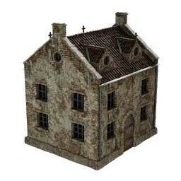 Detailed textured 3D model of an aged two-story medieval house, optimized for Blender rendering.