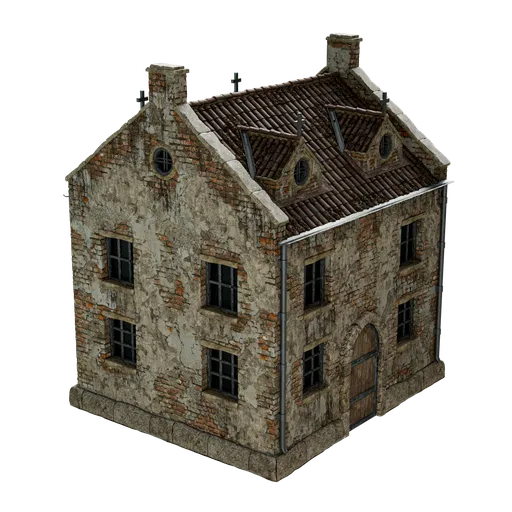 Detailed textured 3D model of an aged two-story medieval house, optimized for Blender rendering.