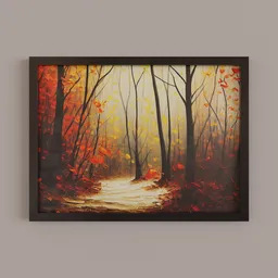 "Autumn Forest Painting 3D Model for Blender 3D: High-quality digital artwork featuring a path in a forest with trees and leaves, inspired by David Watson Stevenson. 1:1 aspect ratio with warm, deep colors and anamorphic illustration by Mustafa Rakim. Perfect for wall art and creating a cozy atmosphere in any setting."