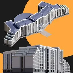 "Explore the modern and simple University Building 3D model for Blender 3D, featuring lecture halls and gambling dens in the Hajibektash Complex. This epic building boasts a striking staircase and West Slav features, with a contrasting small detail, all visible in a full-length view. Download now from BlenderKit for your next architectural visualization project."
