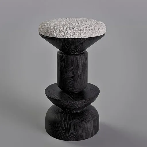 Black wood and boucle tissu round stool