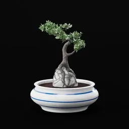 Detailed 3D model of a bonsai tree with intricate rock design in a striped blue and white vase.