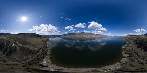 High-resolution HDR panorama with serene reflections in water, dramatic sky, and mountain scenery for lighting virtual scenes.