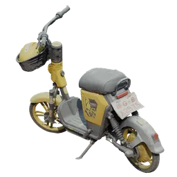 Detailed 3D rendering of a compact electric bike in yellow with realistic textures, ideal for Blender animation.