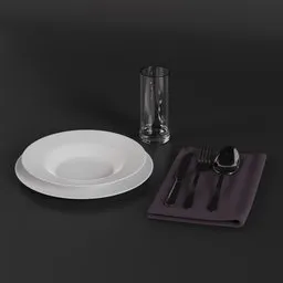 "Kitchen Set 3D model for Blender 3D featuring a complete table set with plate, fork, knife, spoon, glass, and napkin in a monochrome, dark purple color scheme. Cloth sim and light displacement create a realistic look, perfect for realistic kitchen scenes or product images. Rendered in 2D with stylistic blur and black gradient background."