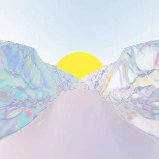 3D-rendered abstract iridescent landscape with a radiant sun, evoking an 80s retro loop feel suitable for creative design.