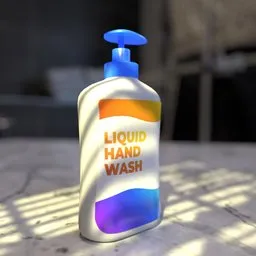 "A realistic 3D model of a soap dispenser created in Blender 3D. This utility model features a bottle of liquid on a table and was made by Paul Kelpe in 2019. Perfect for effective altruism and clean logo projects. "