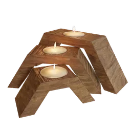 High-quality 3D render of a wooden candle holder with three lit candles, designed for Blender.
