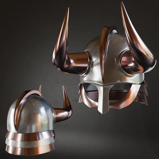 Detailed 3D model of an antique metal helmet with sharp horns and belt details, optimized for Blender use.