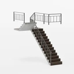 Realistic wooden and metal staircase 3D model with guardrails, optimized for Blender rendering.