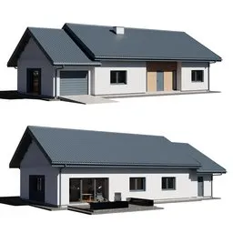 "Scottish-style 3D model of a single-family residential house with garage, designed in a simple and elegant way by a Blender 3D user. The interior is unfurnished and can be optimized for performance by lowering the roof tile subdivision. Perfect for creatives looking for realistic data center, bokeh, and character-centered illustrations."