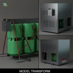 Detailed 3D transformer model with intricate design for electrical utility, rendered using Blender.