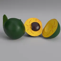 "Handmade highpoly Lucuma fruit model with leaf, designed for Blender 3D software. Features greenish skin, smooth round shapes, and a botanical photo-inspired finish. Perfect for adding realistic fruit elements to your 3D designs."